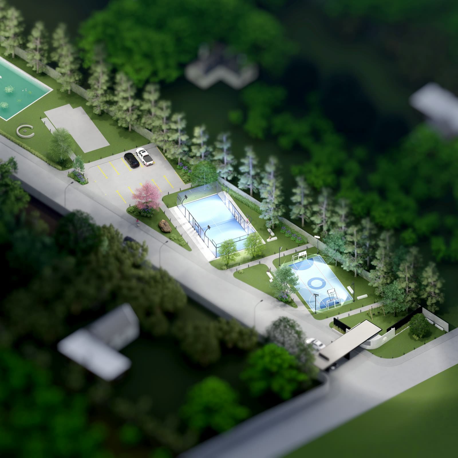 Render aéreo de las canchas y áreas comunales
