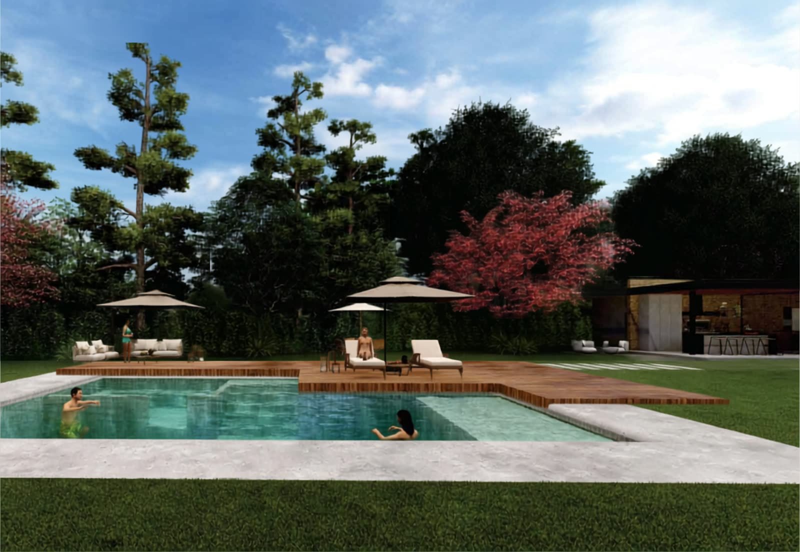 Render del bar BBQ junto a la piscina