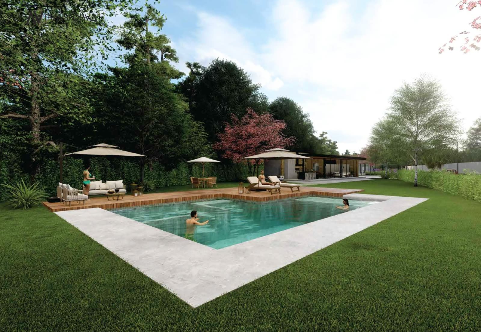 Render de la piscina y las áreas sociales